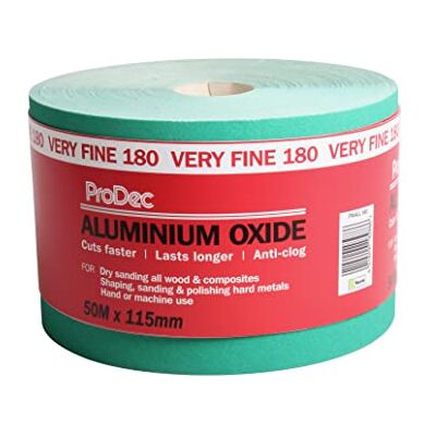 ProDec 50 m Rolle, sehr feine, grünes Aluminiumoxid-Schleifpapier mit Körnung 180 zum Schleifen von Holz, Farbe, Putz, Spachtelmasse, Metall & mehr; Schleifpapier, kompatibel mit Maschinenschleifern ProDec 50 m Rolle, sehr feine, grünes Aluminiumoxid-Schleifpapier mit Körnung 180 zum Schleifen von Holz, Farbe, Putz, Spachtelmasse, Metall & mehr; Schleifpapier, kompatibel mit Maschinenschleifern