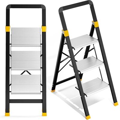KINGRACK Trittleiter 3 Stufen Klappbar Aluminium, Klappleiter mit Handlauf, Haushaltsleiter Anti-Rutsch-Stabilem und Breitem Peda, Leiter bis 150kg Belastbar für Haushalt, Küche, Büro KINGRACK Trittleiter 3 Stufen Klappbar Aluminium, Klappleiter mit Handlauf, Haushaltsleiter Anti-Rutsch-Stabilem und Breitem Peda, Leiter bis 150kg Belastbar für Haushalt, Küche, Büro