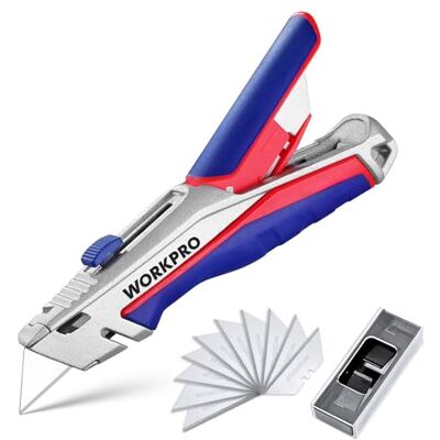 WORKPRO Universalmesser Sicherheitsmesser Kartonmesser Cutter Messer Teppichmesser,Gummigriff mit Klingenlagerung inkl.15 SK5 Ersatzklingen WORKPRO Universalmesser Sicherheitsmesser Kartonmesser Cutter Messer Teppichmesser,Gummigriff mit Klingenlagerung inkl.15 SK5 Ersatzklingen