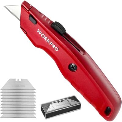 WORKPRO Premium Teppichmesser, Vollmetall, Rot Einziehbares Universalmesser, Strapazierfähiges Cuttermesser mit Schnellwechselklinge, 10 Zusätzliche Klingen WORKPRO Premium Teppichmesser, Vollmetall, Rot Einziehbares Universalmesser, Strapazierfähiges Cuttermesser mit Schnellwechselklinge, 10 Zusätzliche Klingen