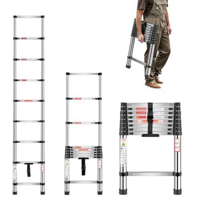 VEVOR Teleskopleiter, 254 cm Lange, Ausziehleiter aus Edelstahl, Klappleiter mit Tragkraft von 150 kg (75°) & rutschfeste Füße, tragbare 9-Stufen-Leiter für Zuhause, Wohnmobil, Dachboden VEVOR Teleskopleiter, 254 cm Lange, Ausziehleiter aus Edelstahl, Klappleiter mit Tragkraft von 150 kg (75°) & rutschfeste Füße, tragbare 9-Stufen-Leiter für Zuhause, Wohnmobil, Dachboden