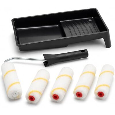 Fit For The Job Mini-Farbroller-Set für Dispersionsfarben kleiner Roller und Schale zum Streichen von Wänden und Decken, 100mm-Rollenset, Roller- und Schalen-Set Fit For The Job Mini-Farbroller-Set für Dispersionsfarben kleiner Roller und Schale zum Streichen von Wänden und Decken, 100mm-Rollenset, Roller- und Schalen-Set