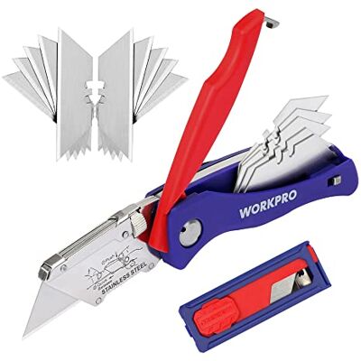 WORKPRO Teppichmesser Faltbares Universalmesser mit Gürtelclip Cutter Messer mit Klingenaufbewahrung und Gürtelclip, mit 15PC Ersatzklingen WORKPRO Teppichmesser Faltbares Universalmesser mit Gürtelclip Cutter Messer mit Klingenaufbewahrung und Gürtelclip, mit 15PC Ersatzklingen