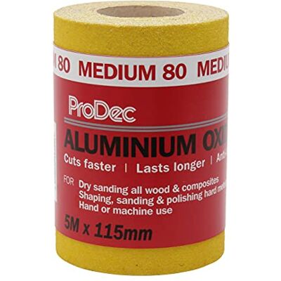 ProDec 5 m Rolle, mittlere, gelbes Aluminiumoxid-Schleifpapier mit Körnung 80 zum Schleifen von Holz, Farbe, Putz, Spachtelmasse, Metall & mehr; Schleifpapier, kompatibel mit Maschinenschleifern ProDec 5 m Rolle, mittlere, gelbes Aluminiumoxid-Schleifpapier mit Körnung 80 zum Schleifen von Holz, Farbe, Putz, Spachtelmasse, Metall & mehr; Schleifpapier, kompatibel mit Maschinenschleifern