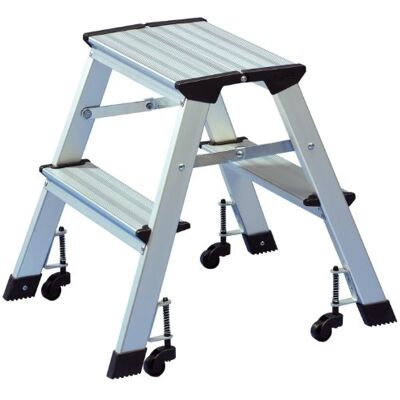 WEDO 2151 mobile Trittleiter aus Aluminium mit Rollen, Tragkraft 150 kg, Farbe silber, senkt sich bei Belastung ab, platzsparend klappbar WEDO 2151 mobile Trittleiter aus Aluminium mit Rollen, Tragkraft 150 kg, Farbe silber, senkt sich bei Belastung ab, platzsparend klappbar