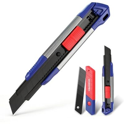 WORKPRO 2 Stück Cuttermesser Set 18mm aus Aluminium, Mehrzweck Messer Teppichmesser, Schwarz beschichtete Abbrechklingen aus SK5, inkl. 10 Ersatzklingen WORKPRO 2 Stück Cuttermesser Set 18mm aus Aluminium, Mehrzweck Messer Teppichmesser, Schwarz beschichtete Abbrechklingen aus SK5, inkl. 10 Ersatzklingen