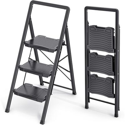 KINGRACK Trittleiter 3 Stufen, Leiter Klappbar mit Handlauf Belastbar bis 150 kg, Rutschfester Tritthocker, Tragbare Klappleiter für Haushalt, Küche, Büro, Schwarz KINGRACK Trittleiter 3 Stufen, Leiter Klappbar mit Handlauf Belastbar bis 150 kg, Rutschfester Tritthocker, Tragbare Klappleiter für Haushalt, Küche, Büro, Schwarz