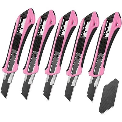 WORKPRO 5 Stück Cuttermesser Set 18mm mit 20 Ersatzklingen aus SK5 Cuttermesser Profi mit Gummigriff, Kartonmesser Teppichmesser, Schneiden zum Papier Karton, Rosa&Schwarz WORKPRO 5 Stück Cuttermesser Set 18mm mit 20 Ersatzklingen aus SK5 Cuttermesser Profi mit Gummigriff, Kartonmesser Teppichmesser, Schneiden zum Papier Karton, Rosa&Schwarz