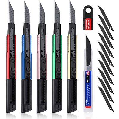 WORKPRO 5 Stück Cuttermesser Set 9mm aus Aluminium mit 10 Abbrechklingen Cuttermesser Profi Tragbares Einziehbares Universalmesser Teppichmesser, Geschwärzte 30° Klingen extra scharf, Für Heimwerker WORKPRO 5 Stück Cuttermesser Set 9mm aus Aluminium mit 10 Abbrechklingen Cuttermesser Profi Tragbares Einziehbares Universalmesser Teppichmesser, Geschwärzte 30° Klingen extra scharf, Für Heimwerker