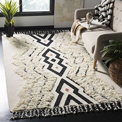 Safavieh Boho Teppich für Wohnzimmer, Esszimmer, Schlafzimmer Kenya Collection, Hoher Flor, Elfenbein und Schwarzblau, 122 X 183 cm Safavieh Boho Teppich für Wohnzimmer, Esszimmer, Schlafzimmer Kenya Collection, Hoher Flor, Elfenbein und Schwarzblau, 122 X 183 cm