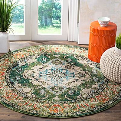 Safavieh Boho Teppich für Wohnzimmer, Esszimmer, Schlafzimmer Monaco Collection, Kurzer Flor, Waldgrün und Hellblau, 160 x 160 cm Safavieh Boho Teppich für Wohnzimmer, Esszimmer, Schlafzimmer Monaco Collection, Kurzer Flor, Waldgrün und Hellblau, 160 x 160 cm