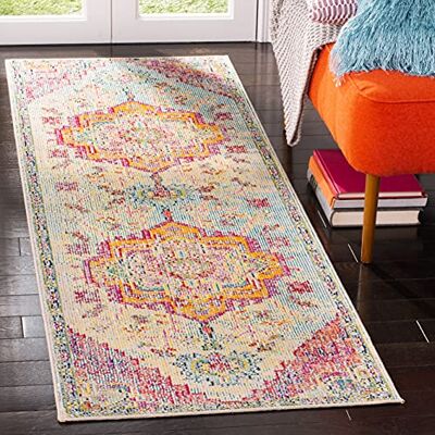 Safavieh Boho Teppich für Wohnzimmer, Esszimmer, Schlafzimmer Crystal Collection, Kurzer Flor, Hellblau und Fuchsia, 66 X 213 cm Safavieh Boho Teppich für Wohnzimmer, Esszimmer, Schlafzimmer Crystal Collection, Kurzer Flor, Hellblau und Fuchsia, 66 X 213 cm