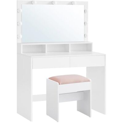 VASAGLE Kailyn Kollektion Schminktisch mit Hocker, Frisiertisch mit Spiegel und LED-Leuchten, Kosmetiktisch, Schubladen und offene Fächer, Schrank mit 2 verstellbaren Ablagen, wolkenweiß RDT720W01 VASAGLE Kailyn Kollektion Schminktisch mit Hocker, Frisiertisch mit Spiegel und LED-Leuchten, Kosmetiktisch, Schubladen und offene Fächer, Schrank mit 2 verstellbaren Ablagen, wolkenweiß RDT720W01