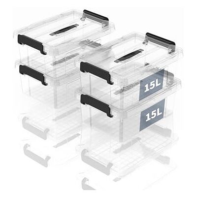 SpaceXpert Aufbewahrungsboxen, Lagerboxen, Tragefähige Kunststoffboxen mit Griff, Stapelfähiger Organisationsbehälter für Schlafzimmer, Unrat, Schule, Transparent, 15L (4er Set) SpaceXpert Aufbewahrungsboxen, Lagerboxen, Tragefähige Kunststoffboxen mit Griff, Stapelfähiger Organisationsbehälter für Schlafzimmer, Unrat, Schule, Transparent, 15L (4er Set)