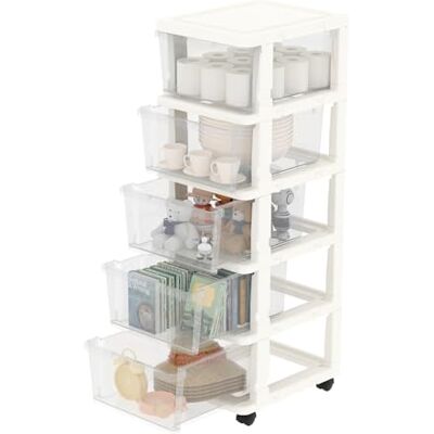 Cetomo Schubladenbox, Schubladenschrank, Aufbewahrungsturm mit Rollen, Kunststoff Schubladencontainer, Rollcontainer für Büro, Schlafzimmer, Wohnheim, Über DIN A4, Weiß & Transparent 5 Schubladen Cetomo Schubladenbox, Schubladenschrank, Aufbewahrungsturm mit Rollen, Kunststoff Schubladencontainer, Rollcontainer für Büro, Schlafzimmer, Wohnheim, Über DIN A4, Weiß & Transparent 5 Schubladen
