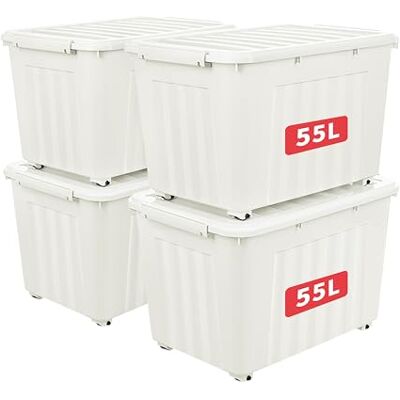 Cetomo 55L*4 Aufbewahrungsboxen, Rillen-verstärkte Kunststoffboxen mit Rollen & Deckeln, Stapelbare Aufbewahrungskiste, Ordnungsboxen für Zuhause und Büro, PP, Weiß, 55L (4er Pack) Cetomo 55L*4 Aufbewahrungsboxen, Rillen-verstärkte Kunststoffboxen mit Rollen & Deckeln, Stapelbare Aufbewahrungskiste, Ordnungsboxen für Zuhause und Büro, PP, Weiß, 55L (4er Pack)
