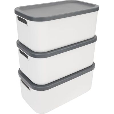 Rotho Albula Aufbewahrungsbox mit Deckel 3er-Set 12 L stapelbar Creme-Weiß Rotho Albula Aufbewahrungsbox mit Deckel 3er-Set 12 L stapelbar Creme-Weiß