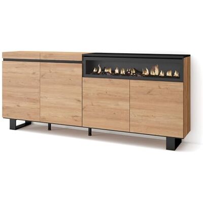 Skraut Home Sideboard, Highboard Kommode, Komodenschrank 200x87x35cm 4 Türen Elektrokamin. Maße Industriedesign Moderner Stil Eiche Schwarz Skraut Home Sideboard, Highboard Kommode, Komodenschrank 200x87x35cm 4 Türen Elektrokamin. Maße Industriedesign Moderner Stil Eiche Schwarz