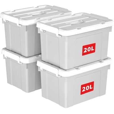 Cetomo 20L*4 Aufbewahrungsboxen, Tragbare Plastikboxen mit Deckeln, Organizer-Behälter mit Griff und Clips, Stapelbar, Ineinander Nestbar, für Zuhause und Büro, Grau, 20L-4er Pack Cetomo 20L*4 Aufbewahrungsboxen, Tragbare Plastikboxen mit Deckeln, Organizer-Behälter mit Griff und Clips, Stapelbar, Ineinander Nestbar, für Zuhause und Büro, Grau, 20L-4er Pack