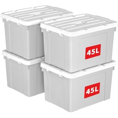 Cetomo 45L*4 Aufbewahrungsboxen, Tragbare Plastikboxen mit Deckeln, Organizer-Behälter mit Griff und Clips, Stapelbar, Ineinander Nestbar, für Zuhause und Büro, Grau, 45L-4er Pack Cetomo 45L*4 Aufbewahrungsboxen, Tragbare Plastikboxen mit Deckeln, Organizer-Behälter mit Griff und Clips, Stapelbar, Ineinander Nestbar, für Zuhause und Büro, Grau, 45L-4er Pack