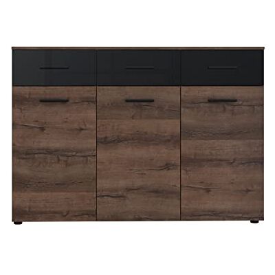 Forte Jawa Kommode mit 3 Türen und 3 Schubladen, Holzwerkstoff, Schlammeiche / Schwarz Hochglanz, 44 x 93,5 x 134,5 cm Forte Jawa Kommode mit 3 Türen und 3 Schubladen, Holzwerkstoff, Schlammeiche / Schwarz Hochglanz, 44 x 93,5 x 134,5 cm