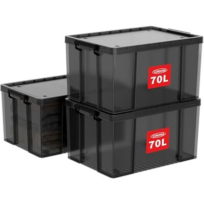 Cetomo 70L*3 Heavy-Duty Aufbewahrungsboxen, Stapelbare Kunststoffbox mit Rollen, Robuster Behälter mit verstärkten Ecken & Einrastverschlüssen, Langlebig, Stabil, PP,Transparent Schwarz, 70L-3er Set Cetomo 70L*3 Heavy-Duty Aufbewahrungsboxen, Stapelbare Kunststoffbox mit Rollen, Robuster Behälter mit verstärkten Ecken & Einrastverschlüssen, Langlebig, Stabil, PP,Transparent Schwarz, 70L-3er Set