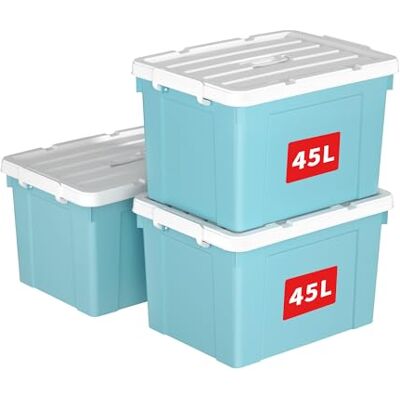 Cetomo 45L*3 Aufbewahrungsboxen, Tragbare Plastikboxen mit Deckeln, Organizer-Behälter mit Griff und Clips, Stapelbar, Ineinander Nestbar, für Zuhause und Büro, Blau, 45L-3er Pack Cetomo 45L*3 Aufbewahrungsboxen, Tragbare Plastikboxen mit Deckeln, Organizer-Behälter mit Griff und Clips, Stapelbar, Ineinander Nestbar, für Zuhause und Büro, Blau, 45L-3er Pack