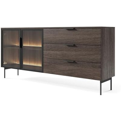 Selsey Kommode in Schwarz 181 x 39,3 cm, modernes Design mit Eichenholz Finish Sonnenschutzglas und LED Beleuchtung ideal für das Wohnzimmer integrierte 3 Schubladen Selsey Kommode in Schwarz 181 x 39,3 cm, modernes Design mit Eichenholz Finish Sonnenschutzglas und LED Beleuchtung ideal für das Wohnzimmer integrierte 3 Schubladen