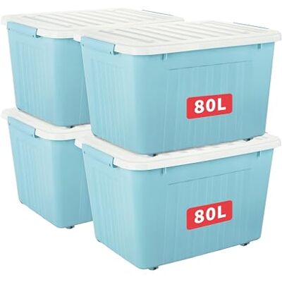 Cetomo 80L*4 Aufbewahrungsboxen, Rillen-verstärkte Kunststoffboxen mit Rollen & Deckeln, Stapelbare Aufbewahrungskiste, Ordnungsboxen für Zuhause und Büro, PP, Blau, 80L (4er Pack) Cetomo 80L*4 Aufbewahrungsboxen, Rillen-verstärkte Kunststoffboxen mit Rollen & Deckeln, Stapelbare Aufbewahrungskiste, Ordnungsboxen für Zuhause und Büro, PP, Blau, 80L (4er Pack)