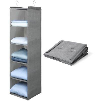 AiQInu Hängeregal Kleiderschrank,Hängeaufbewahrung Schrank Organizer mit 5 Fächern,Faltbar Platzsparend Hängeorganizer Aufbewahrungssystem mit Metallhaken und Bambus-Stock Verstärkt AiQInu Hängeregal Kleiderschrank,Hängeaufbewahrung Schrank Organizer mit 5 Fächern,Faltbar Platzsparend Hängeorganizer Aufbewahrungssystem mit Metallhaken und Bambus-Stock Verstärkt