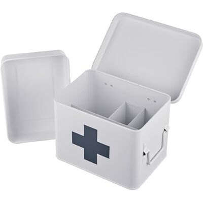 Relaxdays Medizinbox, 4 Fächer, entnehmbarer Einsatz, Hausapotheke Box, Metall, Griffe, HxBxT: 16 x 21 x 15,5 cm, weiß Relaxdays Medizinbox, 4 Fächer, entnehmbarer Einsatz, Hausapotheke Box, Metall, Griffe, HxBxT: 16 x 21 x 15,5 cm, weiß