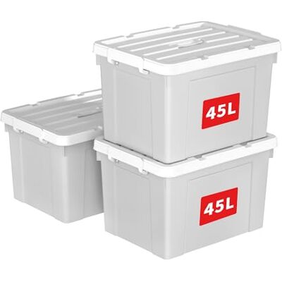 Cetomo 45L*3 Aufbewahrungsboxen, Tragbare Plastikboxen mit Deckeln, Organizer-Behälter mit Griff und Clips, Stapelbar, Ineinander Nestbar, für Zuhause und Büro, Grau, 45L-3er Pack Cetomo 45L*3 Aufbewahrungsboxen, Tragbare Plastikboxen mit Deckeln, Organizer-Behälter mit Griff und Clips, Stapelbar, Ineinander Nestbar, für Zuhause und Büro, Grau, 45L-3er Pack