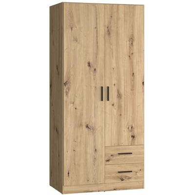 Forte Joakim Kleiderschrank 90, Skandi-Stil Schrank, 2-türig, 2 Schubladen, Einlegeböden, Kleiderstange, Holzwerkstoff, Artisan Eiche Holzdekor, 90,8 cm breit x 197 cm hoch x 54 cm tief Forte Joakim Kleiderschrank 90, Skandi-Stil Schrank, 2-türig, 2 Schubladen, Einlegeböden, Kleiderstange, Holzwerkstoff, Artisan Eiche Holzdekor, 90,8 cm breit x 197 cm hoch x 54 cm tief