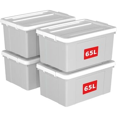 Cetomo 65L*4 Aufbewahrungsboxen, Aufbewahrungsbox mit Rollen & Deckel, Organizer-Behälter mit Clips, Stapelbar, Ineinander Nestbar, für Zuhause und Büro, Kunststoff, Grau, 65L-4er Pack Cetomo 65L*4 Aufbewahrungsboxen, Aufbewahrungsbox mit Rollen & Deckel, Organizer-Behälter mit Clips, Stapelbar, Ineinander Nestbar, für Zuhause und Büro, Kunststoff, Grau, 65L-4er Pack