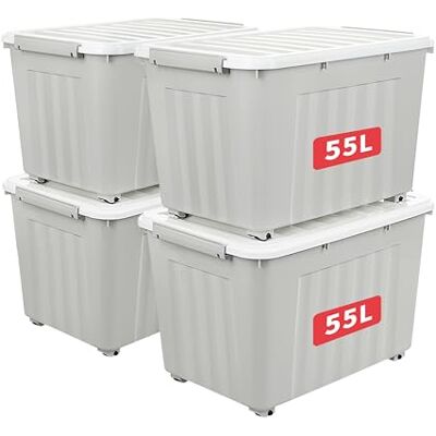Cetomo 55L*4 Aufbewahrungsboxen, Rillen-verstärkte Kunststoffboxen mit Rollen & Deckeln, Stapelbare Aufbewahrungskiste, Ordnungsboxen für Zuhause und Büro, PP, Grau, 55L (4er Pack) Cetomo 55L*4 Aufbewahrungsboxen, Rillen-verstärkte Kunststoffboxen mit Rollen & Deckeln, Stapelbare Aufbewahrungskiste, Ordnungsboxen für Zuhause und Büro, PP, Grau, 55L (4er Pack)