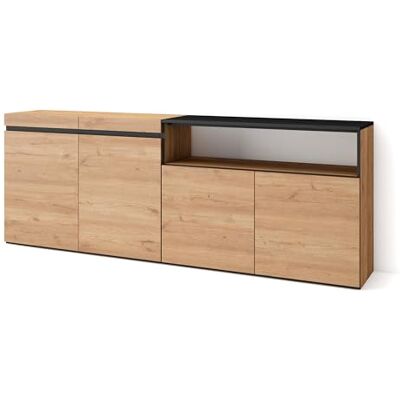 Skraut Home Sideboard, Highboard Kommode, Komodenschrank 200x75x35cm 4 Türen Wohnzimmer, Küche Moderner Stil Eiche Schwarz Skraut Home Sideboard, Highboard Kommode, Komodenschrank 200x75x35cm 4 Türen Wohnzimmer, Küche Moderner Stil Eiche Schwarz