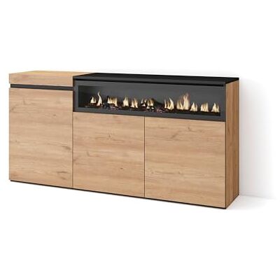 Skraut Home Sideboard, Highboard Kommode, Komodenschrank 150x75x35cm 3 Türen Elektrokamin. Maße Moderner Stil Eiche Schwarz Skraut Home Sideboard, Highboard Kommode, Komodenschrank 150x75x35cm 3 Türen Elektrokamin. Maße Moderner Stil Eiche Schwarz