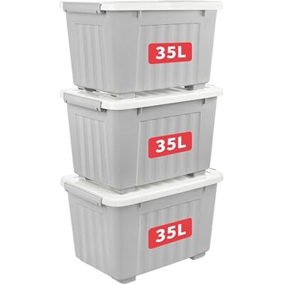 Cetomo 35L*3 Aufbewahrungsboxen, Rillen-verstärkte Kunststoffboxen mit Rollen & Deckeln, Stapelbare Aufbewahrungskiste, Ordnungsboxen für Zuhause und Büro, PP, Grau, 35L (3er Pack) Cetomo 35L*3 Aufbewahrungsboxen, Rillen-verstärkte Kunststoffboxen mit Rollen & Deckeln, Stapelbare Aufbewahrungskiste, Ordnungsboxen für Zuhause und Büro, PP, Grau, 35L (3er Pack)