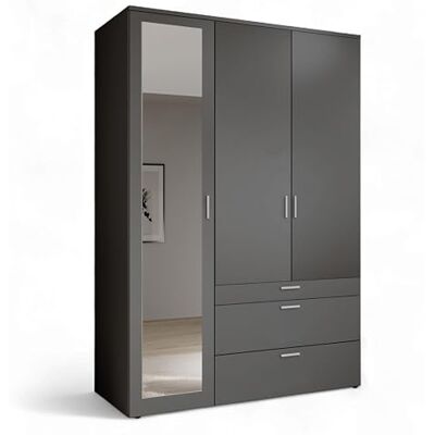 Stella Trading VESALA Kleiderschrank mit Spiegeltür in Graphit Vielseitiger Drehtürenschrank 3-türig für Ihr Schlafzimmer 135 x 195 x 56 cm (B/H/T) Stella Trading VESALA Kleiderschrank mit Spiegeltür in Graphit Vielseitiger Drehtürenschrank 3-türig für Ihr Schlafzimmer 135 x 195 x 56 cm (B/H/T)