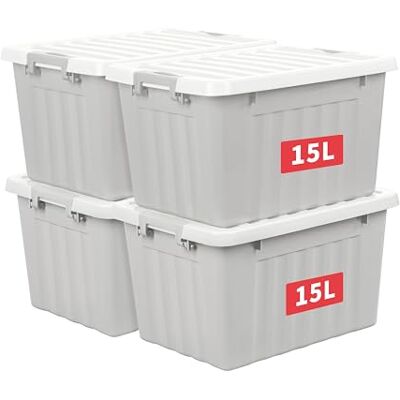 Cetomo 15L*4 Aufbewahrungsboxen, Rillen-verstärkte Kunststoffboxen mit Deckeln & Clips, Stapelbare Aufbewahrungskiste, Ordnungsboxen für Zuhause und Büro, PP, Grau, 15L (4er Pack) Cetomo 15L*4 Aufbewahrungsboxen, Rillen-verstärkte Kunststoffboxen mit Deckeln & Clips, Stapelbare Aufbewahrungskiste, Ordnungsboxen für Zuhause und Büro, PP, Grau, 15L (4er Pack)