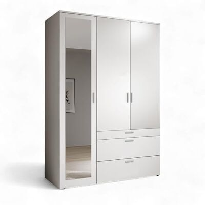 Stella Trading VESALA Kleiderschrank mit Spiegeltür in Weiß Vielseitiger Drehtürenschrank 3-türig für Ihr Schlafzimmer 135 x 195 x 56 cm (B/H/T) Stella Trading VESALA Kleiderschrank mit Spiegeltür in Weiß Vielseitiger Drehtürenschrank 3-türig für Ihr Schlafzimmer 135 x 195 x 56 cm (B/H/T)