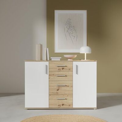Forte IKOLI Kommode 120, Moderne Kommode, 2-türig, 4 Schubladen, Wohn-/Schlafzimmer, Flur, Holzwerkstoff, Weiß mit Artisan Eiche Holzdekor, 119,6 cm breit x 81,7 cm hoch x 31,4 cm tief Forte IKOLI Kommode 120, Moderne Kommode, 2-türig, 4 Schubladen, Wohn-/Schlafzimmer, Flur, Holzwerkstoff, Weiß mit Artisan Eiche Holzdekor, 119,6 cm breit x 81,7 cm hoch x 31,4 cm tief