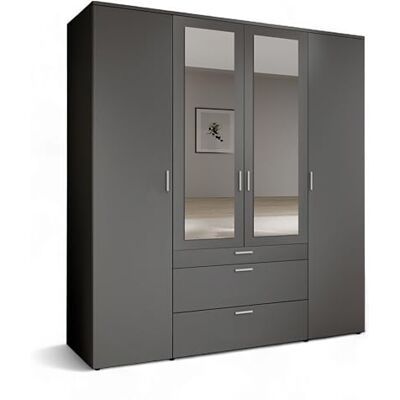 Stella Trading VESALA Kleiderschrank mit Spiegeltüren in Graphit Vielseitiger Drehtürenschrank 4-türig für Ihr Schlafzimmer 180 x 195 x 56 cm (B/H/T) Stella Trading VESALA Kleiderschrank mit Spiegeltüren in Graphit Vielseitiger Drehtürenschrank 4-türig für Ihr Schlafzimmer 180 x 195 x 56 cm (B/H/T)