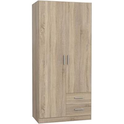 Forte JOAKIM Schrank 90 200, Kleiderschrank klein, modernes Design Drehtürenschrank mit 2 Schubladen, Einlegeböden und Kleiderstange, Sonoma Eiche, 91 cm breit x 197 cm hoch x 54 cm tief Forte JOAKIM Schrank 90 200, Kleiderschrank klein, modernes Design Drehtürenschrank mit 2 Schubladen, Einlegeböden und Kleiderstange, Sonoma Eiche, 91 cm breit x 197 cm hoch x 54 cm tief