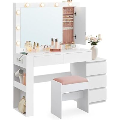 VASAGLE Schminktisch mit LED-Beleuchtung, Frisiertisch mit Spiegel, Hocker, Schmuckschrank, Steckdosenleiste, 40 x 125 x 140 cm, Kosmetiktisch, Schubladen, modern, wolkenweiß und pastellrosa RDT727W01 VASAGLE Schminktisch mit LED-Beleuchtung, Frisiertisch mit Spiegel, Hocker, Schmuckschrank, Steckdosenleiste, 40 x 125 x 140 cm, Kosmetiktisch, Schubladen, modern, wolkenweiß und pastellrosa RDT727W01