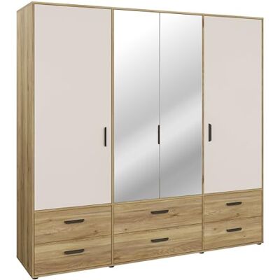 Forte MOKKARO Kleiderschrank 200, moderner Drehtürenschrank, 4-türig, 6 Schubladen, Spiegel, Mauvella Eiche Holzdekor-Kaschmir Beige, 205,9 cm breit x 200,1 cm hoch x 52,7 cm tief Forte MOKKARO Kleiderschrank 200, moderner Drehtürenschrank, 4-türig, 6 Schubladen, Spiegel, Mauvella Eiche Holzdekor-Kaschmir Beige, 205,9 cm breit x 200,1 cm hoch x 52,7 cm tief