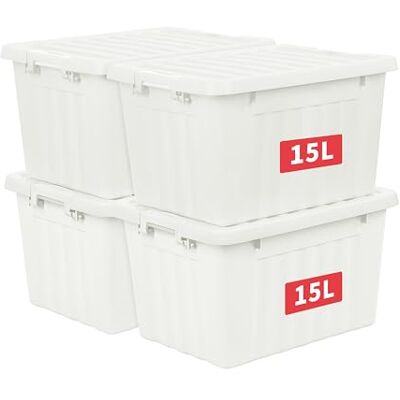 Cetomo 15L*4 Aufbewahrungsboxen, Rillen-verstärkte Kunststoffboxen mit Deckeln & Clips, Stapelbare Aufbewahrungskiste, Ordnungsboxen für Zuhause und Büro, PP, Weiß, 15L (4er Pack) Cetomo 15L*4 Aufbewahrungsboxen, Rillen-verstärkte Kunststoffboxen mit Deckeln & Clips, Stapelbare Aufbewahrungskiste, Ordnungsboxen für Zuhause und Büro, PP, Weiß, 15L (4er Pack)