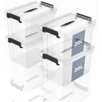 SpaceXpert Aufbewahrungsboxen, Lagerboxen, Tragefähige Kunststoffboxen mit Griff, Stapelfähiger Organisationsbehälter für Schlafzimmer, Unrat, Schule, Transparent, 20L (4er Set) SpaceXpert Aufbewahrungsboxen, Lagerboxen, Tragefähige Kunststoffboxen mit Griff, Stapelfähiger Organisationsbehälter für Schlafzimmer, Unrat, Schule, Transparent, 20L (4er Set)