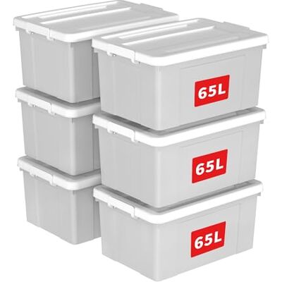 Cetomo 65L*6 Aufbewahrungsboxen, Aufbewahrungsbox mit Rollen & Deckel, Organizer-Behälter mit Clips, Stapelbar, Ineinander Nestbar, für Zuhause und Büro, Kunststoff, Grau, 65L-6er Pack Cetomo 65L*6 Aufbewahrungsboxen, Aufbewahrungsbox mit Rollen & Deckel, Organizer-Behälter mit Clips, Stapelbar, Ineinander Nestbar, für Zuhause und Büro, Kunststoff, Grau, 65L-6er Pack
