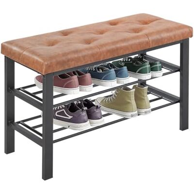 Sweetcrispy Schuhbank, Schuhregal mit 3 Ebenen, Schuhregal mit Sitzbank, 32 x 81x 50 cm, Sitztruhe, Kunstleder & Metallgestell, Schuhaufbewahrung für Wohnzimmer Eingangsbereich Flur, Braun Sweetcrispy Schuhbank, Schuhregal mit 3 Ebenen, Schuhregal mit Sitzbank, 32 x 81x 50 cm, Sitztruhe, Kunstleder & Metallgestell, Schuhaufbewahrung für Wohnzimmer Eingangsbereich Flur, Braun
